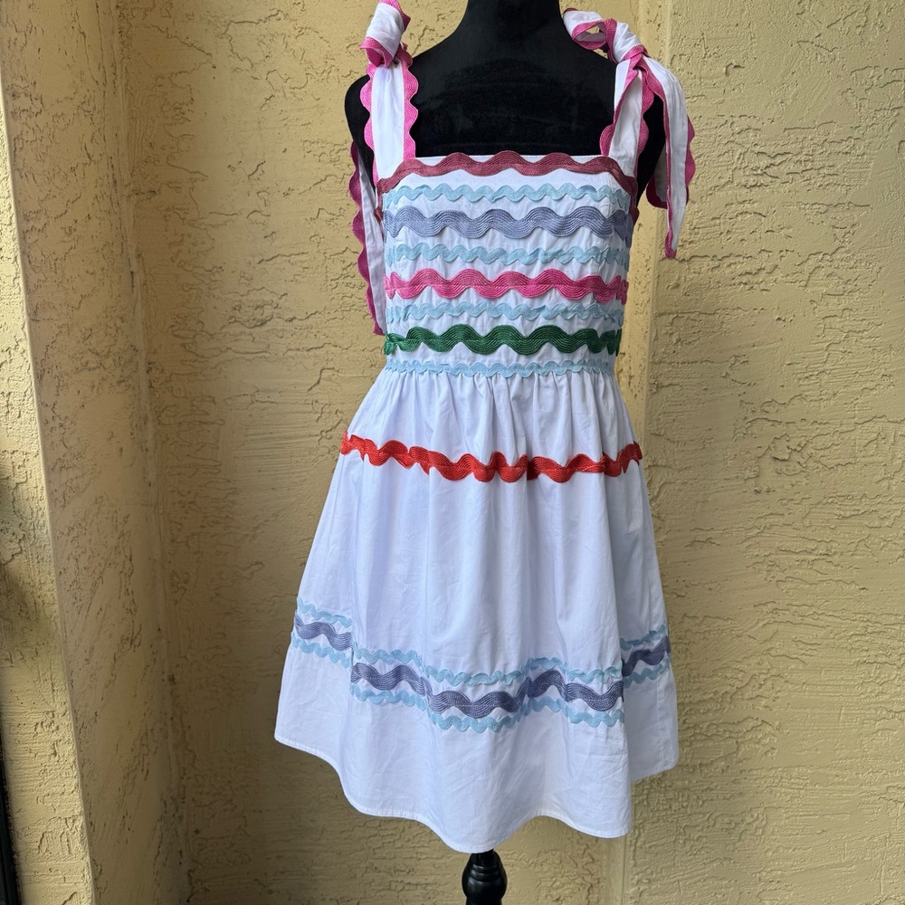 Moodie White Short Dress Sz S Cotton Colorful Ric-Rac Trim Shoulder Ties